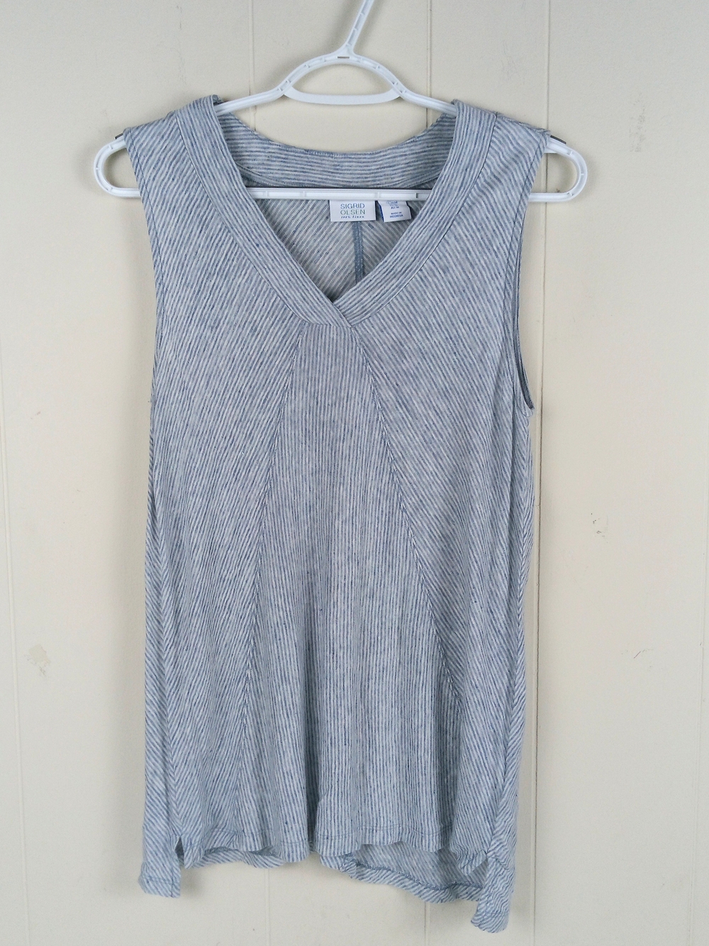 Sigrid Olsen 100% Linen Tunic Top Size M Blue Stripe Sleeveless Lagenlook Boho